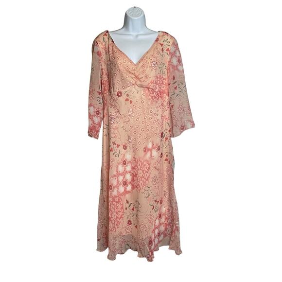 Vintage Jonathan Martin Women's Peach Floral Chiffon Midi Dress Size 14 Flowy - Picture 1 of 11